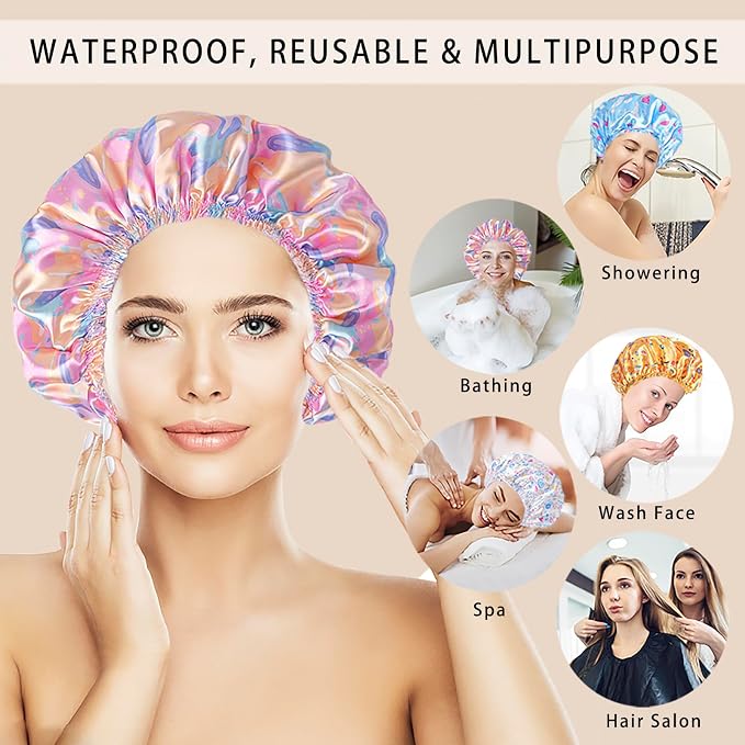4 PCS Shower Cap for Women, Elastic and Reusable Bath Caps, Double Layers - Image 2