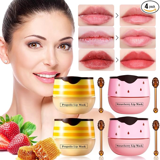 4 PCS Honey Lip Balm Pot, Strawberry & Honey Lip Mask, Hydrate & Moisturizing by Unknown