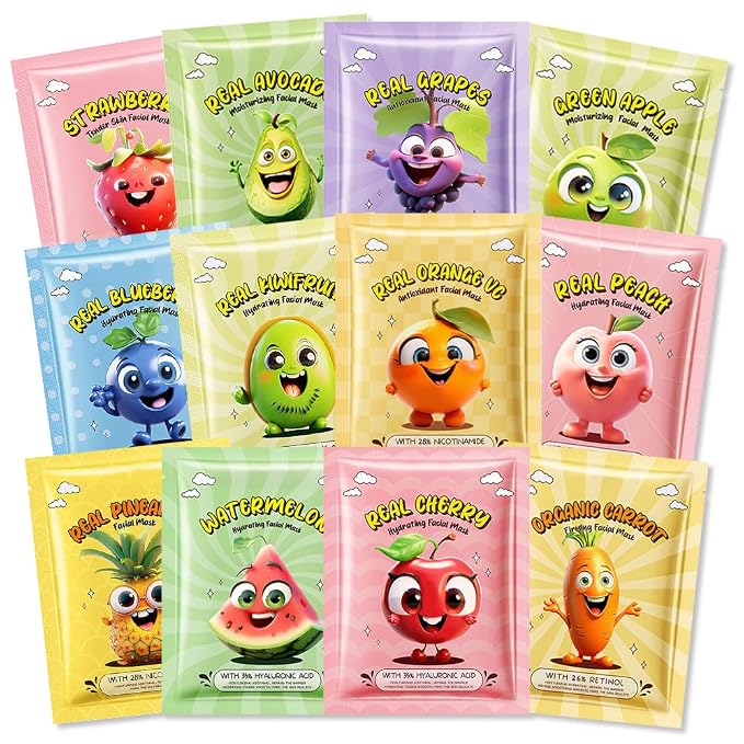 Kaely 12 Pack Fruit Face Masks for Kids, Kids Face Mask Spa Day Kit Supplies by KaelyCosmetics