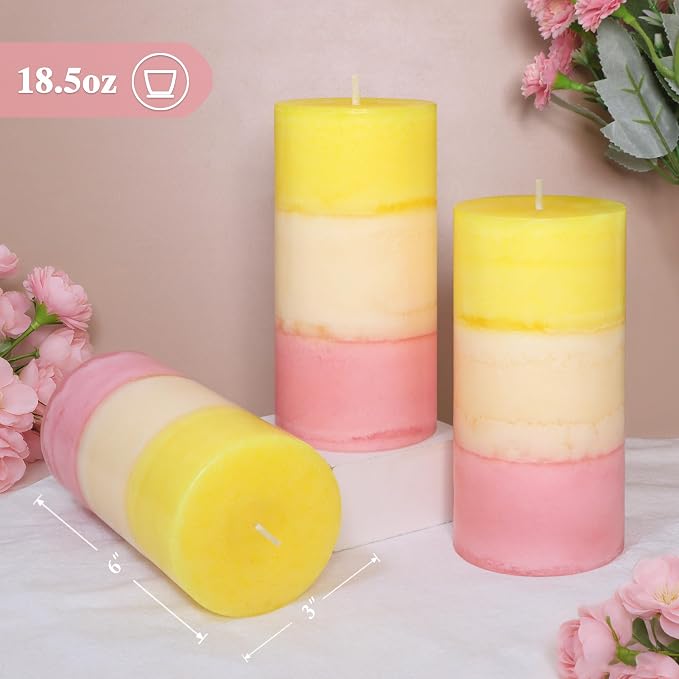 Sweet Honeysuckle Scented 3x6 Inch Pillar Candles Yellow White Pink Layered - Image 7