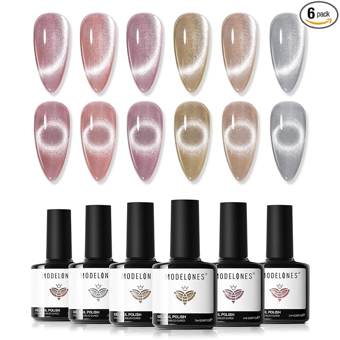 modelones Gel Nail Polish Set, 6 Colors Nude Pink Silver 9D Glassy Cat Eye by MODELONES