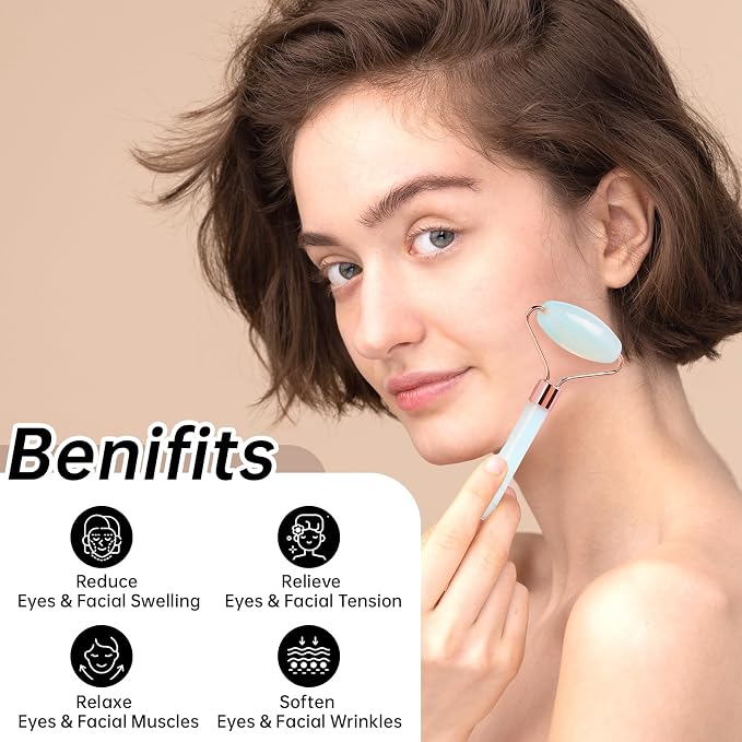 Opal Gua Sha and Face Roller, Real Jade Gua-Sha Stone Facial Tools Set - Image 3