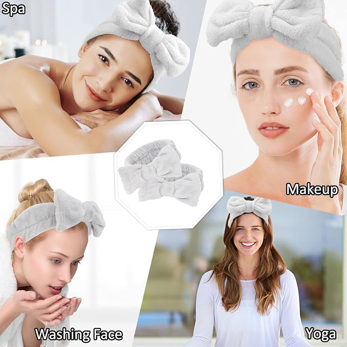 Casoty 6 Pcs Grey Spa Headband, Bow Hair Band, Soft Coral Fleece Makeup Headband - Image 4