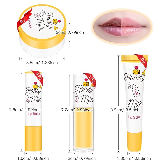 4 Piece Honey Milk Lip Mask Lip Balm Lip Scrub Lip Oil Lip Care Kit, - Image 2