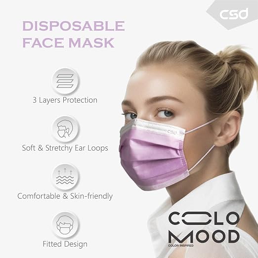 CSD Colo 30 Pcs Purple Disposable Face Masks, 3 Ply Adult Mask - Image 3