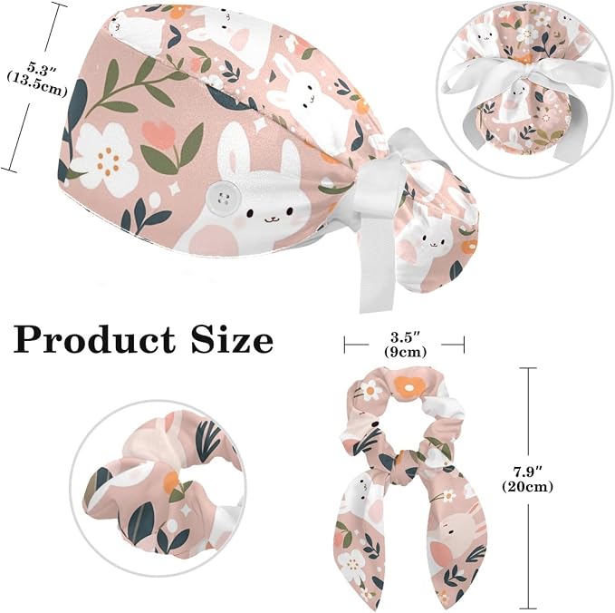 Scrub Caps Women Ponytail Cute Pink and White Leaves Caps Bouffant Working Hat - Image 2