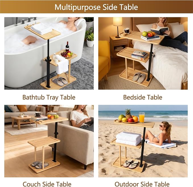 3 Layer Bathtub Tray Table, Bamboo Swivel Bathtub Side Table Height Adjustable - Image 7
