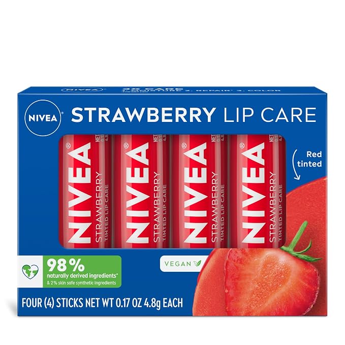 NIVEA Strawberry Lip Care, Nourishing Oils and Vitamin C & E, 3-in-1 Moisture by Nivea