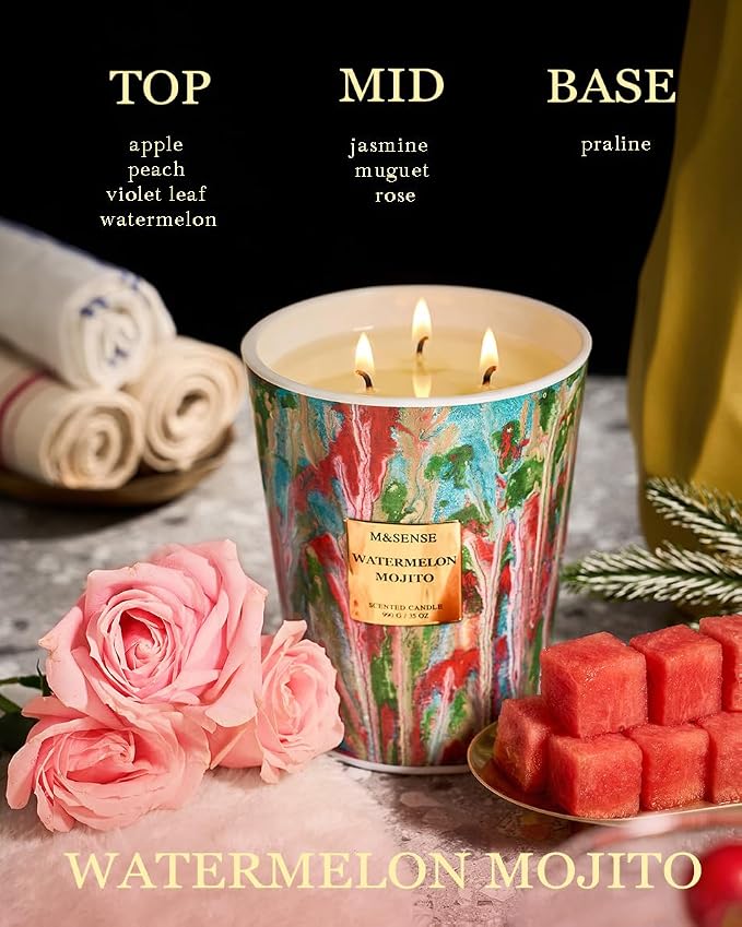 M&SENSE Large Watermelon Scented Soy Candle, 35oz 150 Hours 3-Wick Clean Burning - Image 3