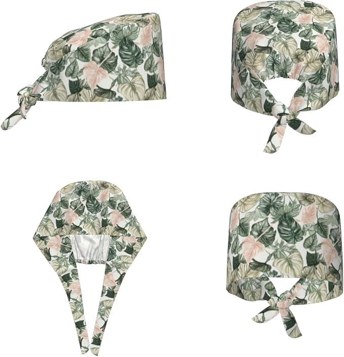 Scrub Cap for Women and Men Boho Black Leaf Pattern Adjustable Breathable - Image 2