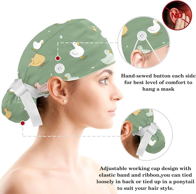 Scrub Caps Women Ponytail Cute Pink and White Leaves Caps Bouffant Working Hat - Image 3