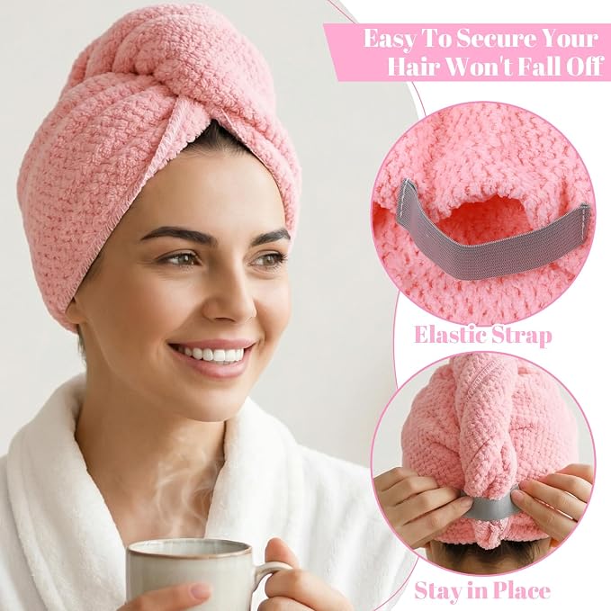 Pink Hair Towel, Large Quick Dry Microfiber Hair Towel Wrap Super Soft - Image 4