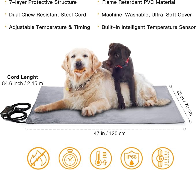 Toozey XL Pet Heating Pad, Waterproof & Chew Resistant, 6 Temp Settings - Image 2