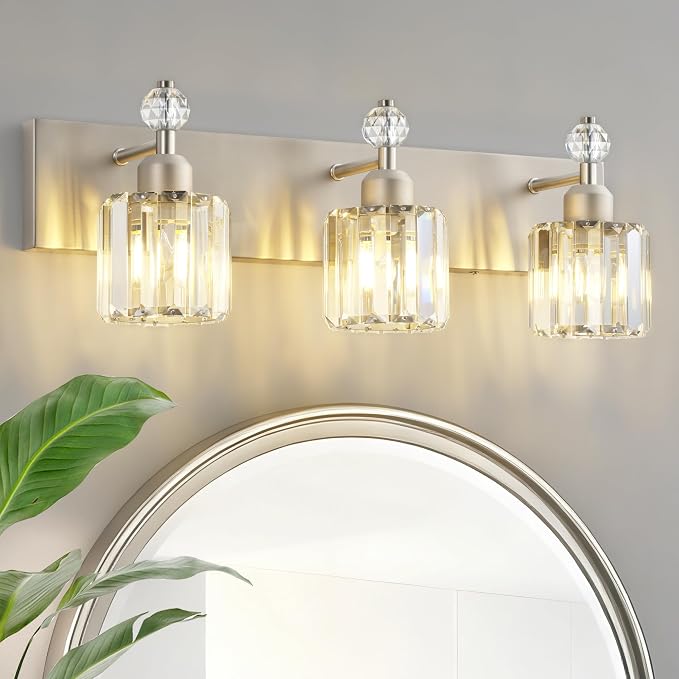 PRESDE 3-Light Crystal Bathroom Vanity Light, Brushed Nickel Bath Lighting Over by HOME