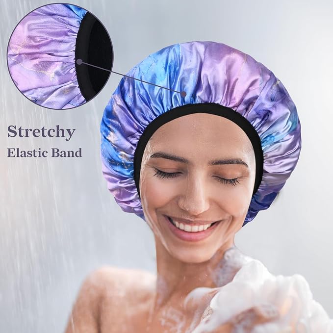 Purple Marble Print Satin Shower Cap, Three-Layer Terry Cloth Lined, - Image 6