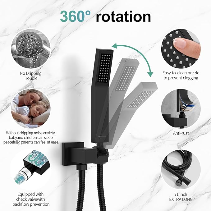 SR SUN RISE Black Square Rainfall Shower Head and Handle Set, Wall Mounted - Image 4