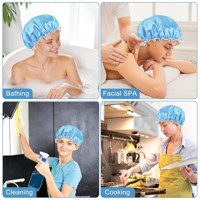 Waterproof Shower Caps for Women, Solid Color Dual-Layer Elastic Band Design - Image 6