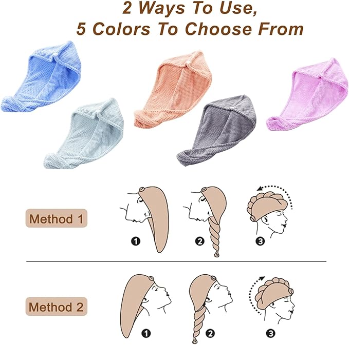 Soft Microfiber Hair Drying Towel Wrap, 5 Pack Elastic Hair Turbans - Image 4