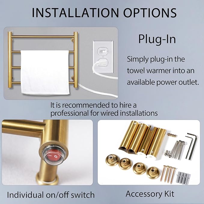 XBVV Gold Heated Towel Rack for Bathroom, Wall Mounted Bath Towel Warmer - Image 4