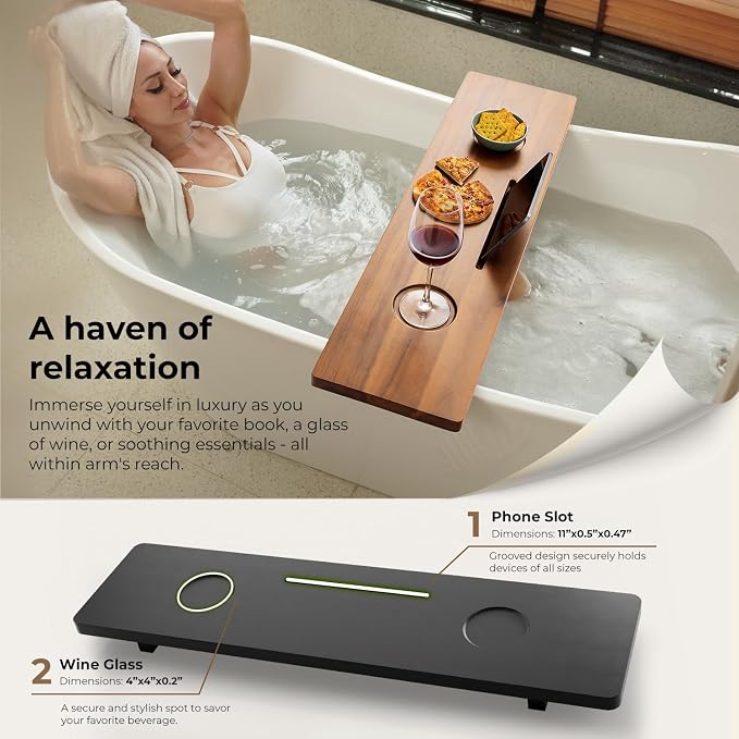 Tinamo Black Bathtub Caddy Tray Table | 35x9x2.5 Inch Large Bath Tub Tray - Image 3