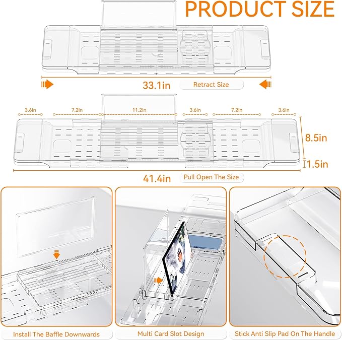 Yieach Luxury Clear Bathtub Shelf Across Tub, Expandable Plastic Bathtub Tray - Image 3