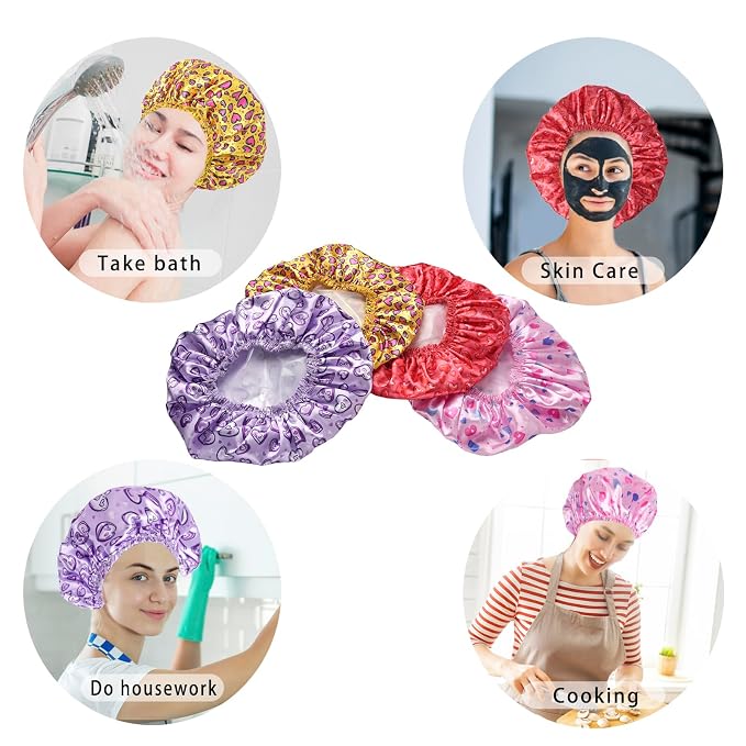 4 PCS Shower Cap for Women, Elastic and Reusable Bath Caps, Double Layers - Image 4