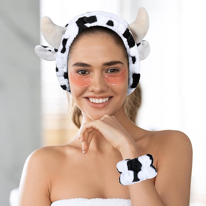 Plush Wash Face Headband Cow Print Spa Wrist Band Cuffs Hair Scrunchy Women - Image 4