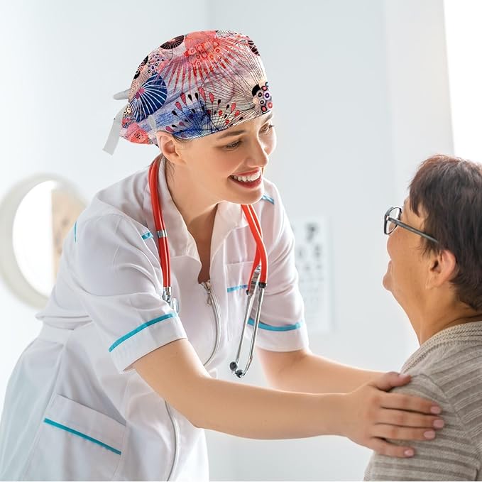 Women Working Cap with Buttons Bouffant Hat Autumn Leaves Nurse Scrub Caps Long - Image 6