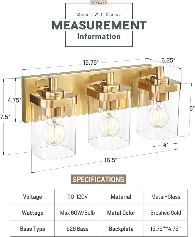 Bathroom Light Fixtures Over Mirror, 3-Light Brushed Gold Vanity Light - Image 2