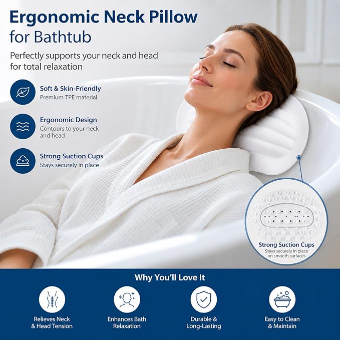 Small Bath Tub Neck Pillow, TPE Waterproof Suction Cups Bathtub Neck Pillow & - Image 2