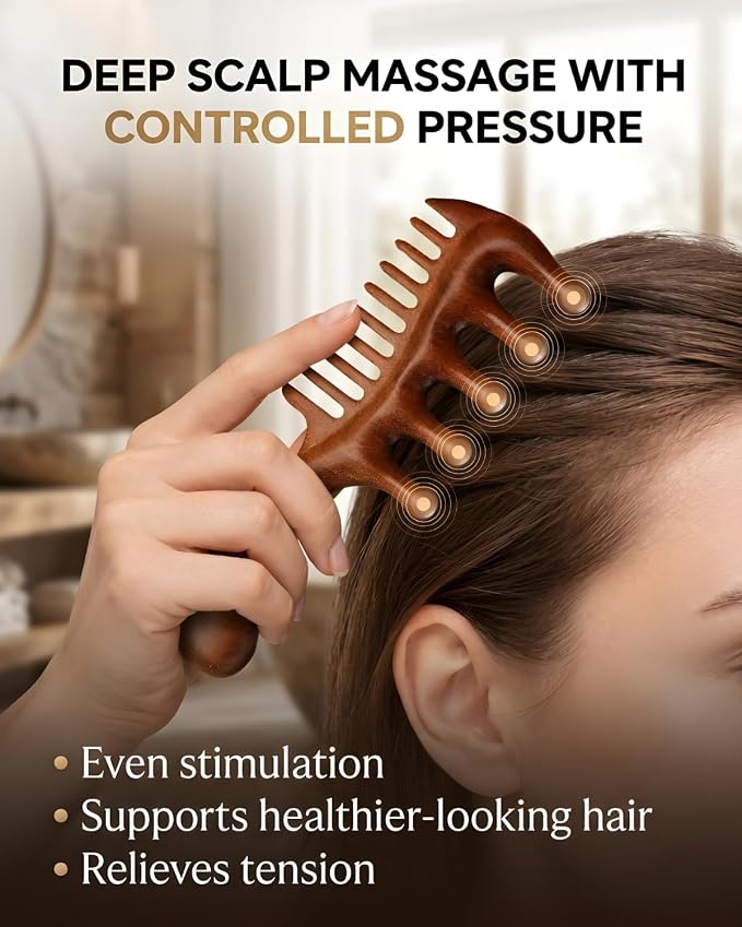 Wooden Scalp Massager Comb – Natural Wood Wide & Fine Tooth - Image 3