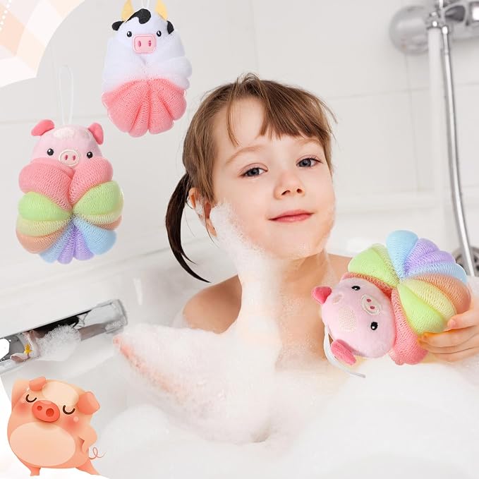 Nuenen 2 Pcs Bath Loofahs Kids Toddler Cute Cartoon Bath Sponges Loofah Pouf - Image 4