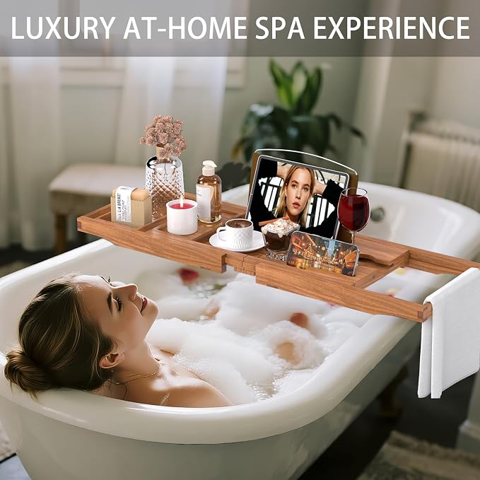 Premium Teak Bathtub Tray Caddy, Expandable Wooden Bath Tray - Image 4