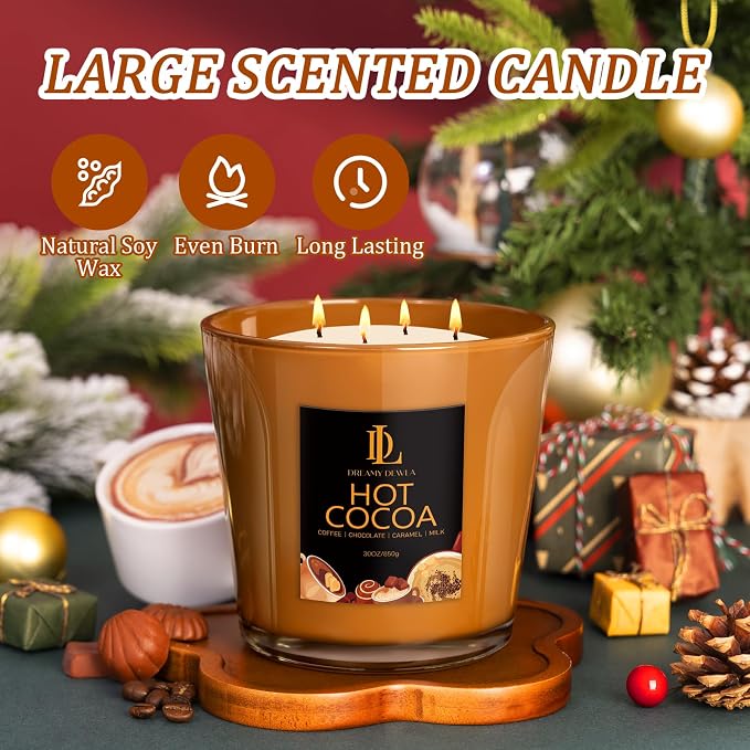 Large Candle Hot Cocoa Scented, 4 Wick Natural Soy Candles - Image 4
