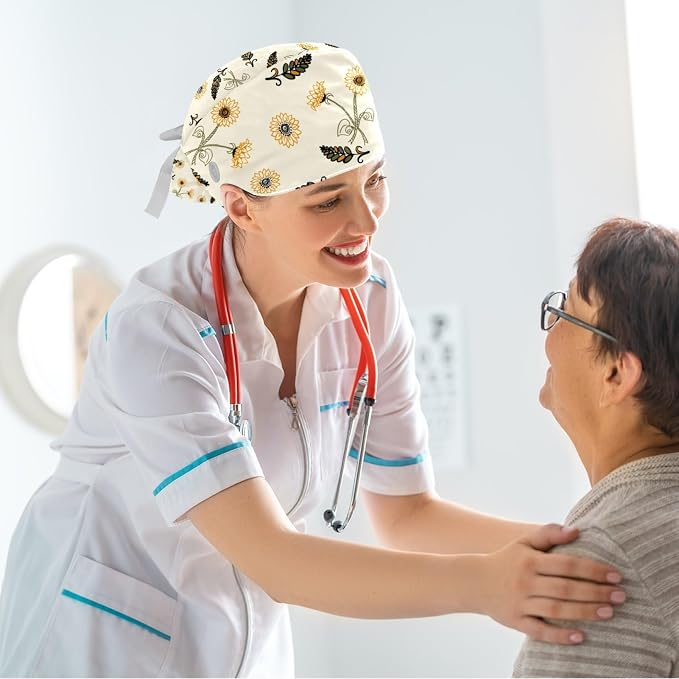 Women Working Cap with Buttons Bouffant Hat Autumn Leaves Nurse Scrub Caps Long - Image 6