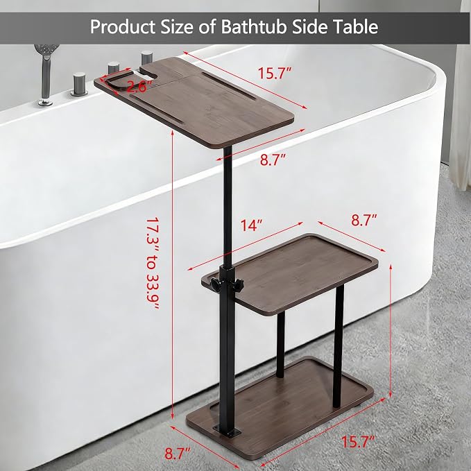 3 Layer Bathtub Tray Table, Bamboo Swivel Bathtub Side Table Height Adjustable - Image 6