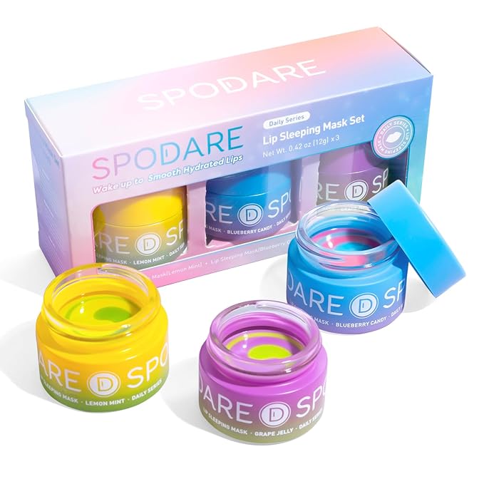 SPODARE 3-in-1 Dual-Color Sleeping Lip Mask Set – Blueberry, Grape & Lemon | by SPODARE