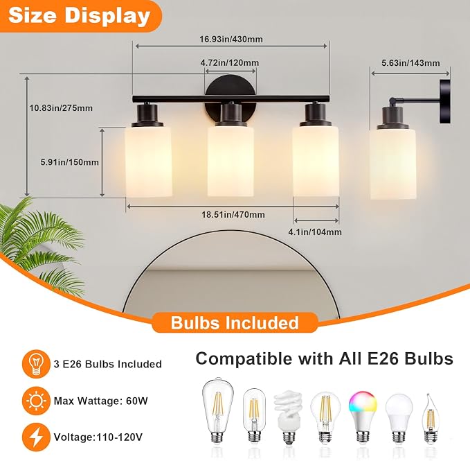 DLLT 3-Light Bathroom Light Fixtures: Black Modern Vanity Lights - Image 6
