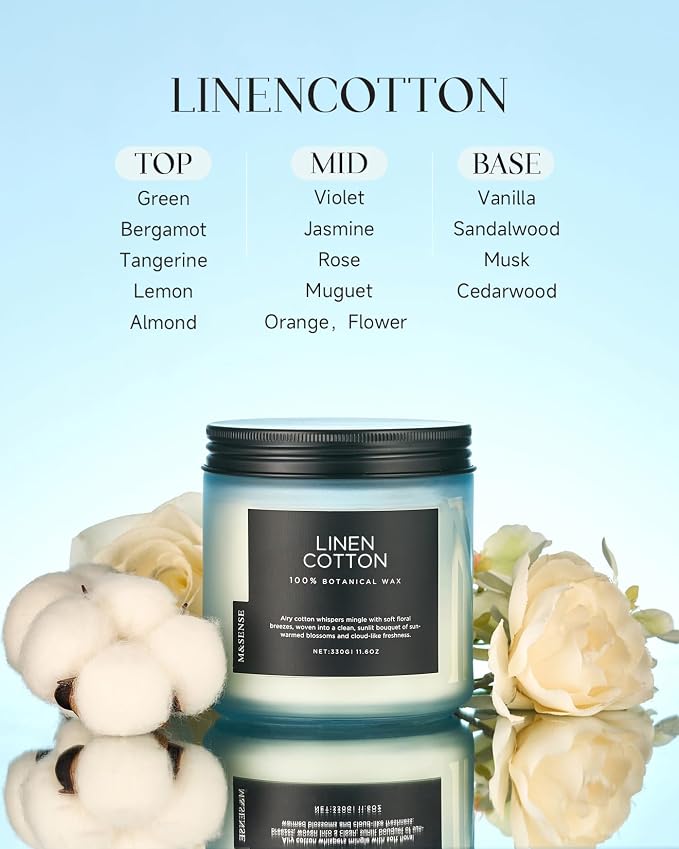 M&SENSE Fresh & Linen Cotton Scented Candles, 11.6oz Natural Soy Wax, 70-Hour - Image 2