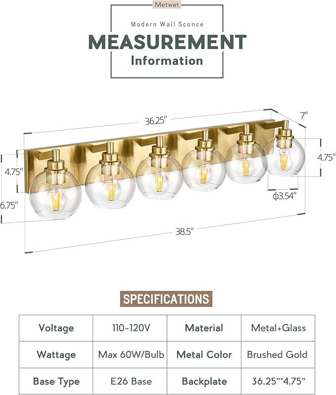 Bathroom Light Fixtures, 6 Light Brushed Gold Vanity Light, 38 Inch Modern Wall - Image 3