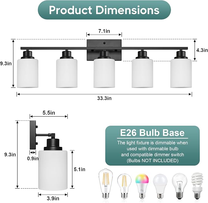 Ascher Bathroom Light Fixtures, 5-Light Vanity Light Over Mirror, Matte Black - Image 2