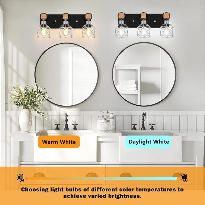 FadimiKoo 3-Light Wood Bathroom Light Fixtures Over Mirror, Rustic Black Silver - Image 4