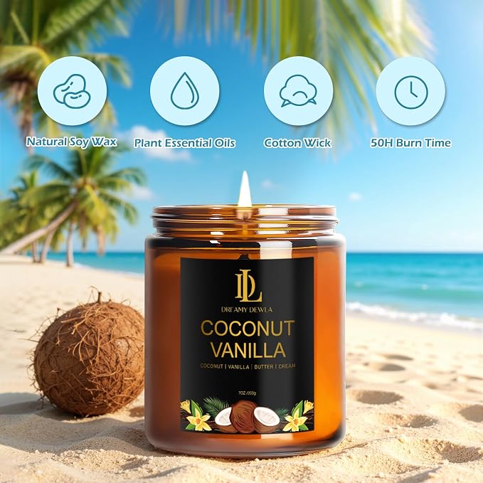 Coconut Vanilla Candles, 7oz Vanilla Coconut Scented Candle, Natural Soy Candles - Image 3