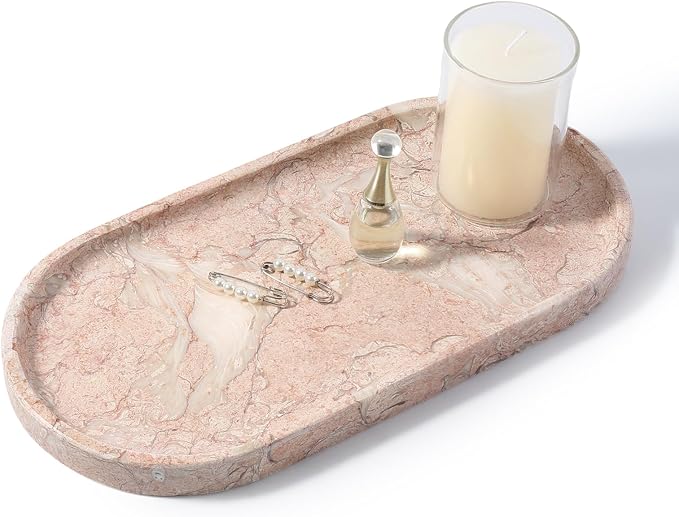 Koville Pink Marble Tray for Bathroom Countertop, Vanity Tray Stone Trays for by Koville