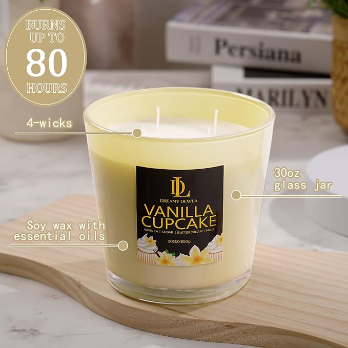 Large Candle Vanilla Cupcake Scented, 4 Wick Natural Soy Candles - Image 3