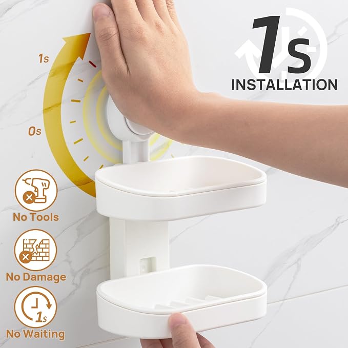 LEVERLOC Soap Dish Holder for Shower, Double Layer Suction Cup Wall Mounte Self - Image 3