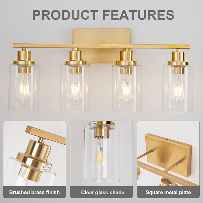 4 Light Gold Bathroom Light Fixtures Brushed Brass Vanity Light Over Mirror - Image 7