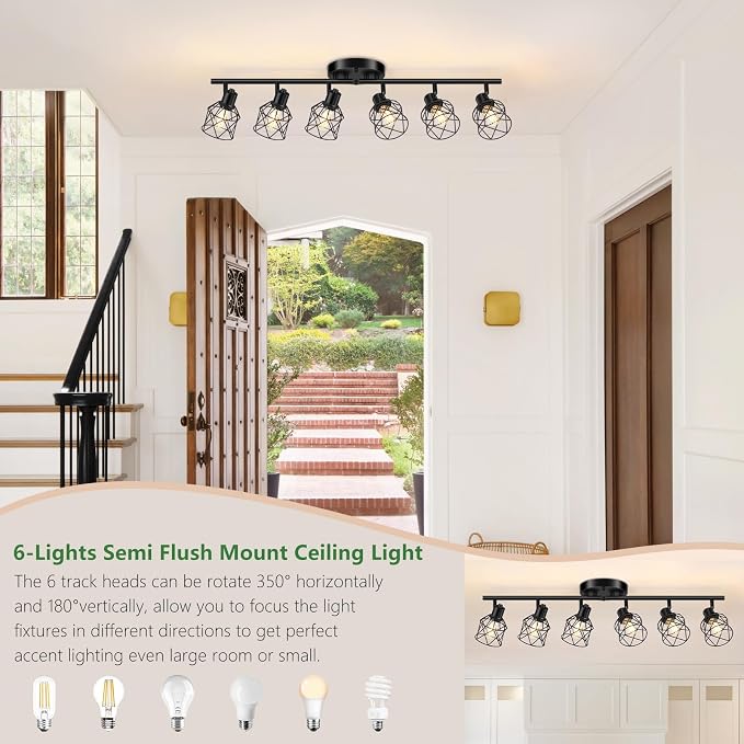 Baocuz 6-Lights Black Semi Flush Mount Ceiling Light, Rotatable Kitchen Track - Image 4