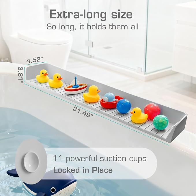 31.5" Bathtub Splash Guard for Kids & Toddlers- Silicone Play Shelf & Toy - Image 2
