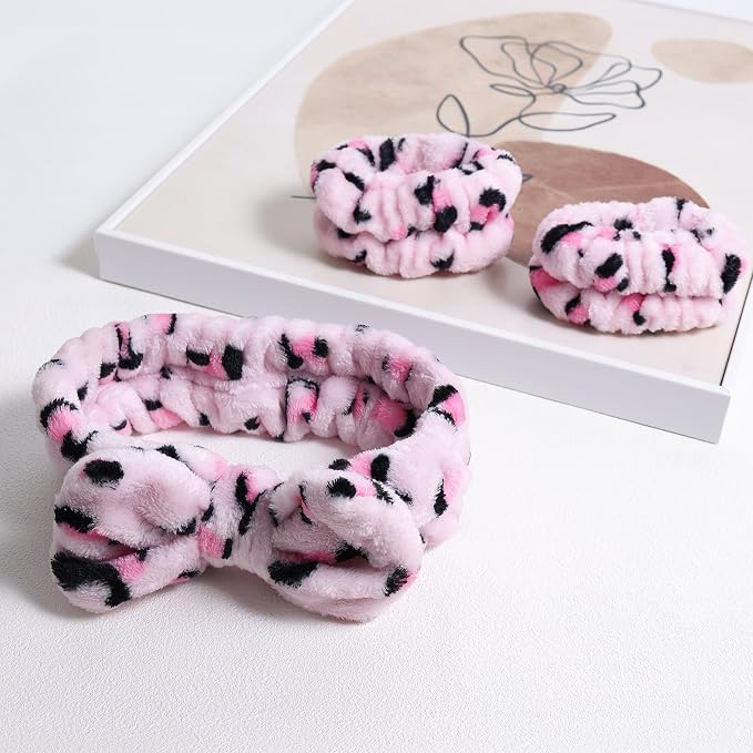 Pink Leopard Print Plush Wash Face Headband Bowknot Cheetah Spa Hair Band Wrist - Image 2